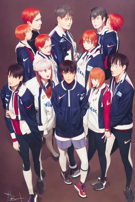 Image similar to A ultradetailed beautiful portrait panting of of The Quintessential Quintuplets wearing an oversized Nike jacket, Oil painting, by Ilya Kuvshinov, Greg Rutkowski and Makoto Shinkai