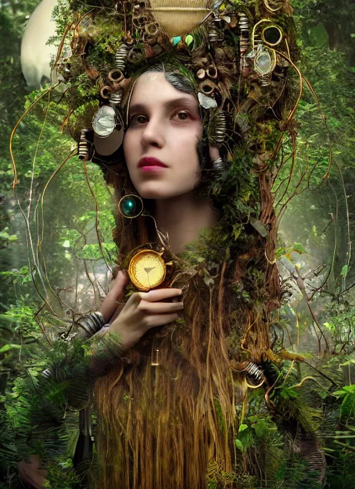 Image similar to goddess of technology in the forest, covered with plants and mushrooms, hair made of cords and wires, electricity, beautiful symmetrical face, steampunk, one head, a lot of jewellery, gold, earrings, gears - mystical forest - octane render, 8 k, cinematic light