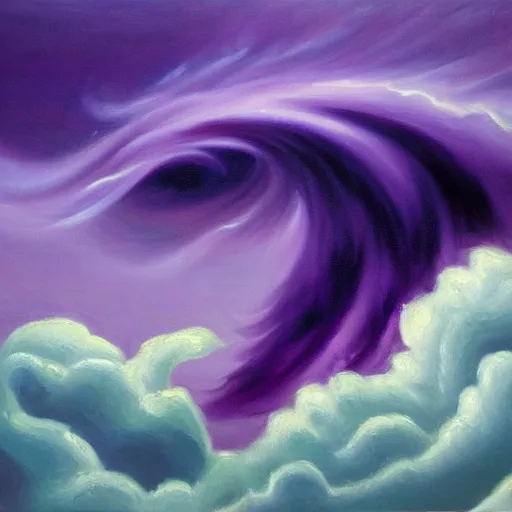 Image similar to a detailed oil painting of a purple tornado descending from the clouds in the ocean. the color of the tornado is purple, and its really realistic