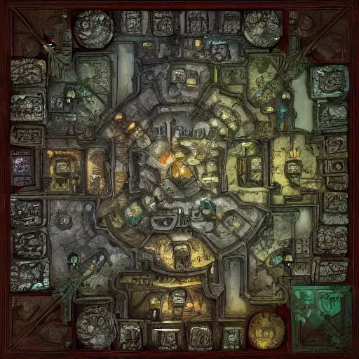 Image similar to dungeon map board game, fantasy art, in the style of greg rutkowski, top view, illustration, epic, fantasy, intricate, hyper detailed, artstation, concept art, smooth, sharp focus, ray tracing