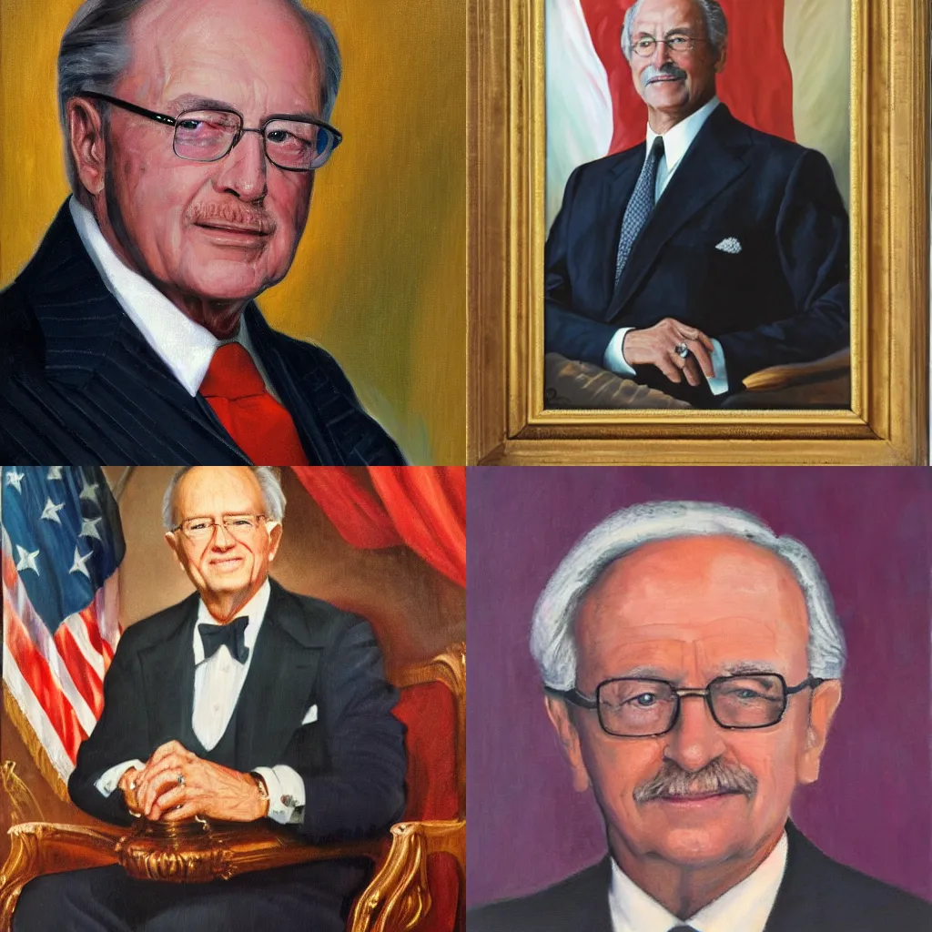 Prompt: Official Portrait of United States President Conrad Stetson, 1984, Oil on Canvas