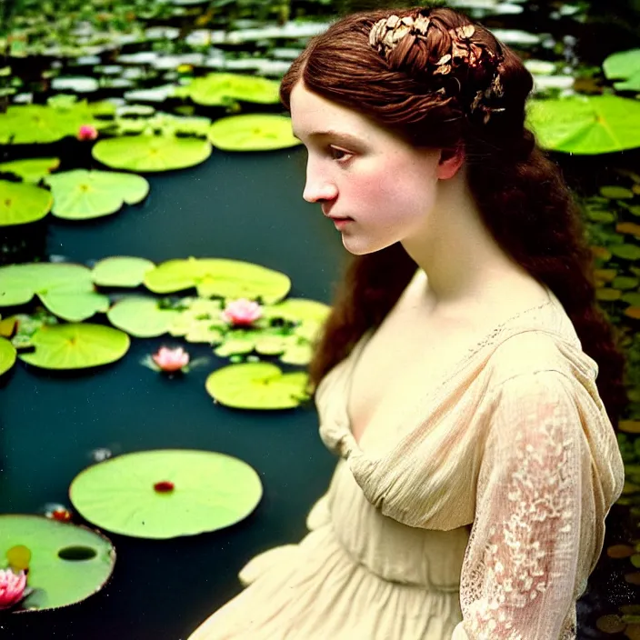 Prompt: Kodak Portra 400, 8K, soft light, volumetric lighting, highly detailed, britt marling style 3/4 ,view from above of close-up portrait photo of a beautiful woman how pre-Raphaelites painter, part of the face is emerging of a pond with water lilies, , she has a beautiful lace dress and hair are intricate with highly detailed realistic beautiful flowers , Realistic, Refined, Highly Detailed, natural outdoor soft pastel lighting colors scheme, outdoor fine art photography, Hyper realistic, photo realistic,warm lighting,