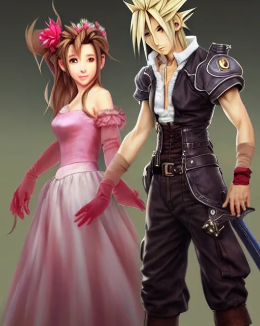 Image similar to character concept art of aerith gainsborough together with cloud strife at gold saucer, istinct - fine, key visual, realistic shaded perfect face, fine details by stanley artgerm lau, wlop, rossdraws, james jean, andrei riabovitchev, marc simonetti, sakimichan, and jakub rebelka, trending on artstation