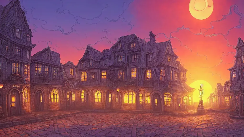 Prompt: empty lovecraftian town square surrounded by houses and inns at sunset. statue. lovecraftian city at sunset by cyril rolando and naomi okubo and dan mumford and ricardo bofill. lovecraft. cobbled streets. lovecraftian. sunset swirly sky.