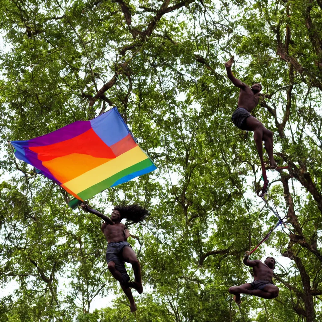 Prompt: black person swinging from the trees waving an lgbt flag