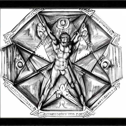 Image similar to bipedal satanic distorted heaven polygon boa tin roundel marimba , by Michelangelo and Paul Cezanne and Judson Huss , pencil sketch , fine art , surrealist