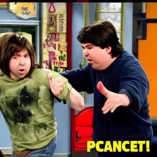 Prompt: “ spencer from icarly beating up dan schneider, violent, realistic ”