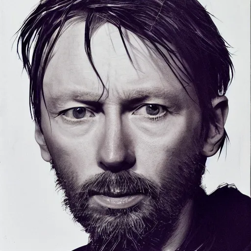 Image similar to Thom Yorke, a man with a beard and a black jacket, a portrait by John E. Berninger, dribble, neo-expressionism, uhd image, studio portrait, 1990s