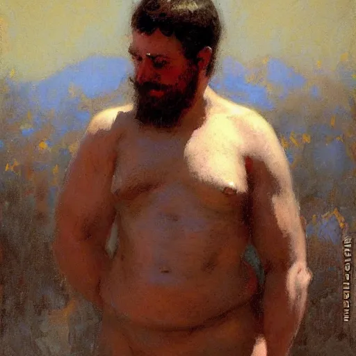 Prompt: a man with a dumpy body type, painting by Gaston Bussiere, Craig Mullins