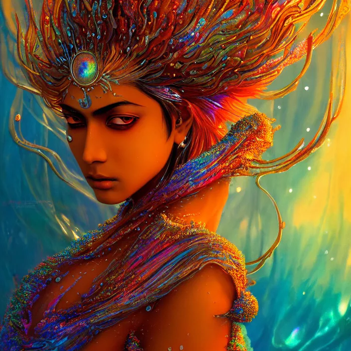 Prompt: ultra detailed stunning digital painting of a angry indian anime girl, skin made out of chrome, covered in a sea of iridescent liquid, lost in a dreamy oriental realm by Karol Bak, Moebius, hiroshi yoshida, Druillet, xsullo, colorful, front view, vivid colors, 8k, coherent, anime vibes, uplifting, magical composition, artstation, synthwave, 8k, coherent, artgerm, uplifting, unreal engine, magical composition, artstation