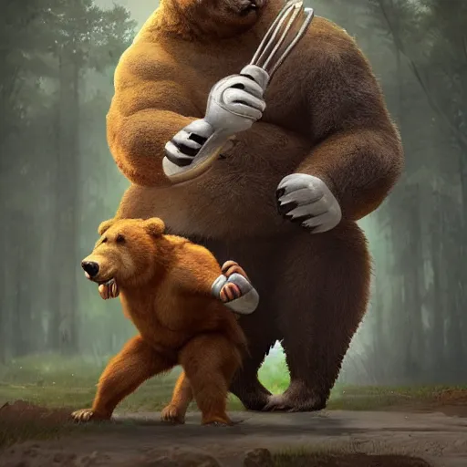 Image similar to anthropomorphic bear fighting an anthropomorphic bull, au naturel, hyper detailed, digital art, trending in artstation, cinematic lighting, studio quality, smooth render, unreal engine 5 rendered, octane rendered, art style by klimt and nixeu and ian sprigger and wlop and krenz cushart.