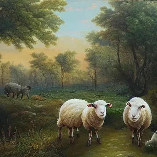 Image similar to three sheep in a wonderful nature scene, beautiful, intricate, hyper detailed, painting