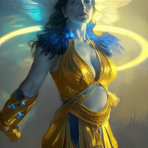 Prompt: warriors of light like angels, blue and yellow, highly detailed, digital painting, artstation, concept art, smooth, sharp focus, illustration, cinematic lighting, art by artgerm and greg rutkowski and alphonse mucha