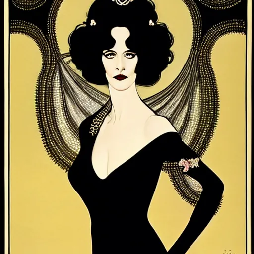 Image similar to black and white portrait of the young actress, eva green as queen of the emerald dead, comic art by joshua middleton, art by coles phillips, vamp, elegant, decadent, stylised comic art, klimt, mucha, 1 9 7 0 s poster,