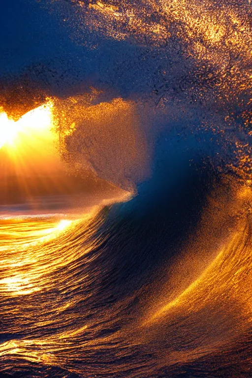 Image similar to Photo Print of a Wave, golden hour, summer, volumetric lighting, award winning, high resolution.