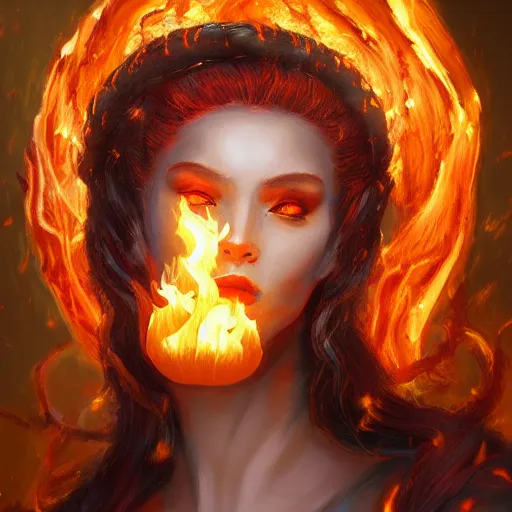 Prompt: A beautiful painting of a flame goddess by Andrews Esao, fantasy, Trending on artstation.