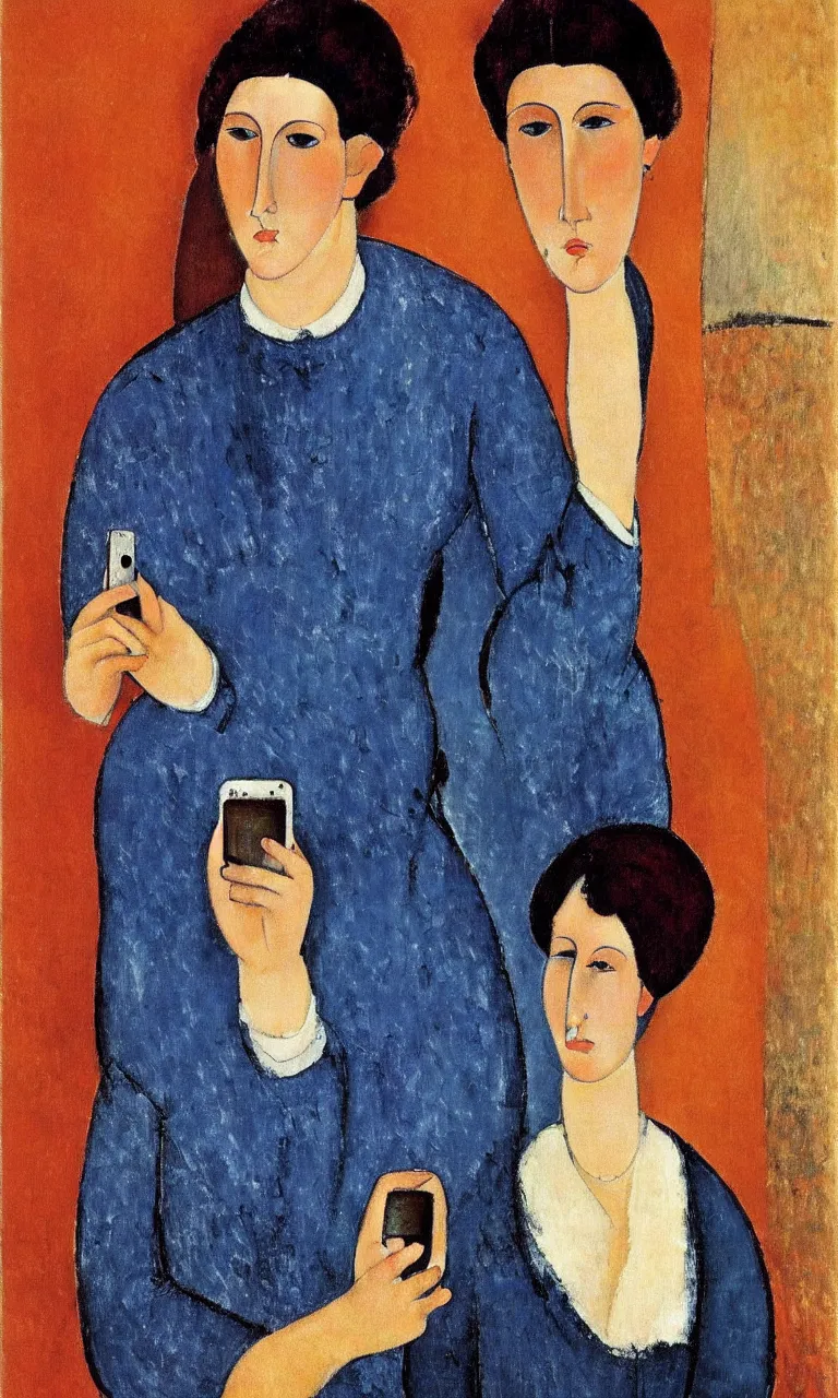 Image similar to amedeo modigliani. portrait of a woman with brown hair and a blue shirt holding an iphone in her hand. very soft brush.