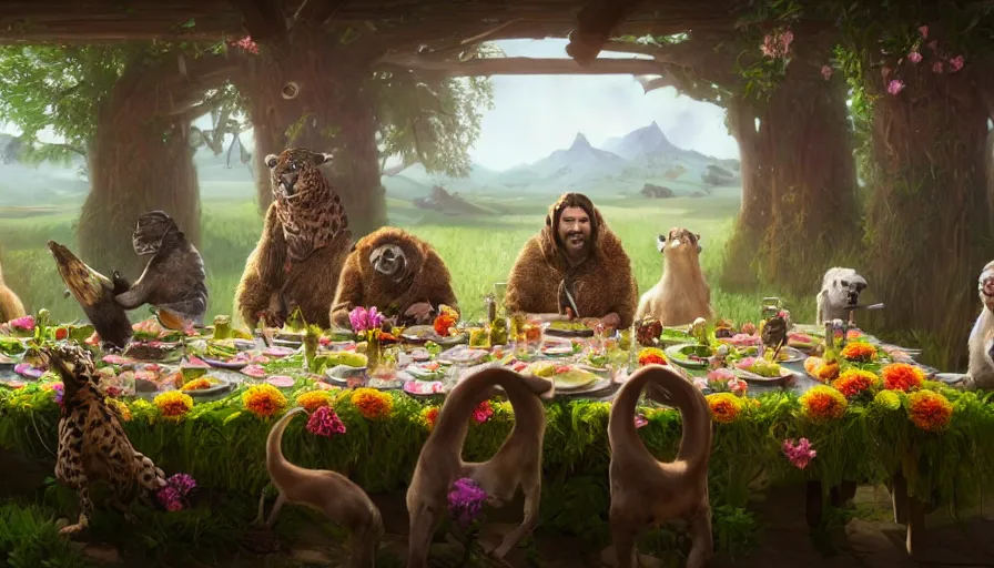 Image similar to a table dinner of exotic animals where animals are dressed like the characters from the midsommar movie wearing flowers, realistic detailed digital art by maxwell boas jessica rossier christian dimitrov anton fadeev trending on artstation cgsociety rendered in unreal engine 4 k hq