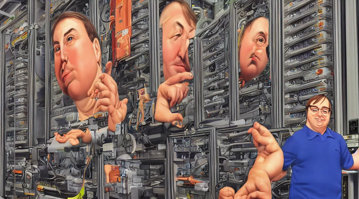 Image similar to Wallpaper of Linus Torvalds in a datacenter painted by fernando botero