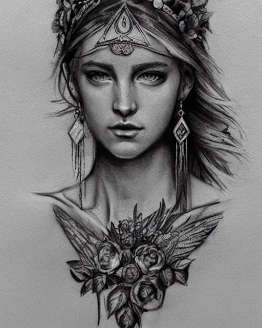 Image similar to realism tattoo sketch of a beautiful greek goddess aphrodite with piercing eyes wearing a laurel wreath and triangle earrings, in the style of greg rutkowski, amazing detail