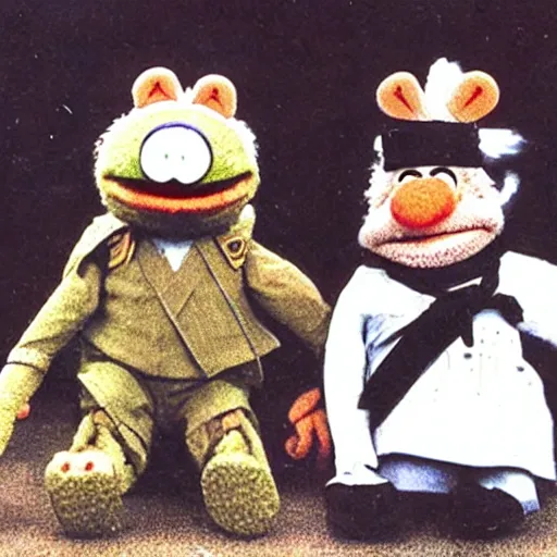 Prompt: old photo of muppets wearing japanese soldier gear