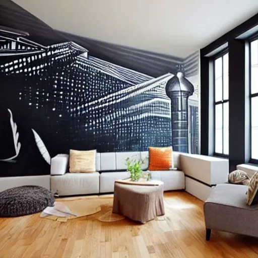 Image similar to mural on the wall of a modern loft, beautiful architecture, popular interior design style