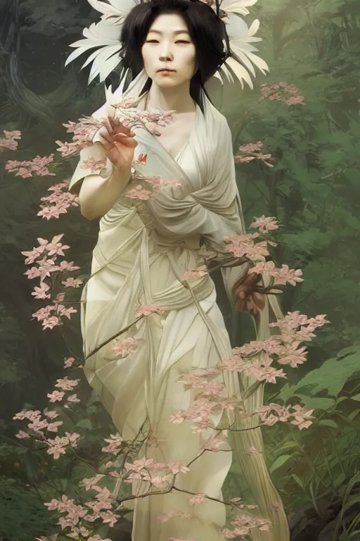 Image similar to Japanese goddess of nature, accurate anatomy, only two hands, highly detailed, digital painting, artstation, concept art, smooth, sharp focus, illustration, Unreal Engine 5, 8K, art by Ross Tran and greg rutkowski and alphonse Mucha