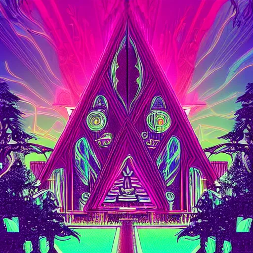 Prompt: mystical psychedelic poster with shaded lighting in the style of andriod jones, radiant light, detailed and complex environment, solace, beautiful, utopic astral city in the sky with many buildings and temples reflecting an modern city on the ground with old growth pine trees, overlaid sacred geometry, with implied lines, gradient of hot pink and neon baby blue