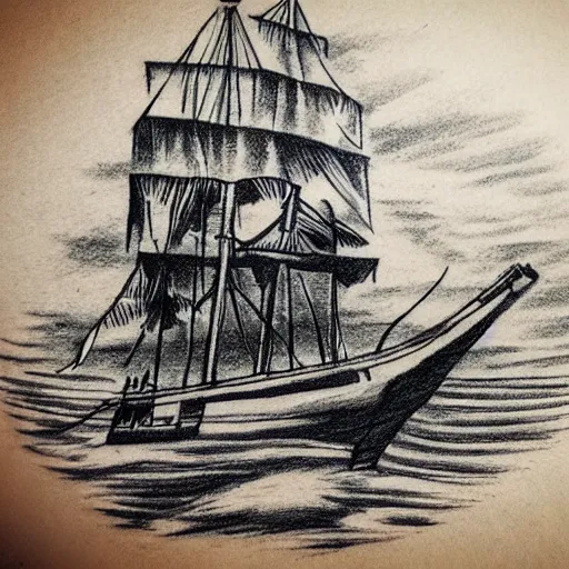 Prompt: pirate ship on a deserted island, realism tattoo drawing