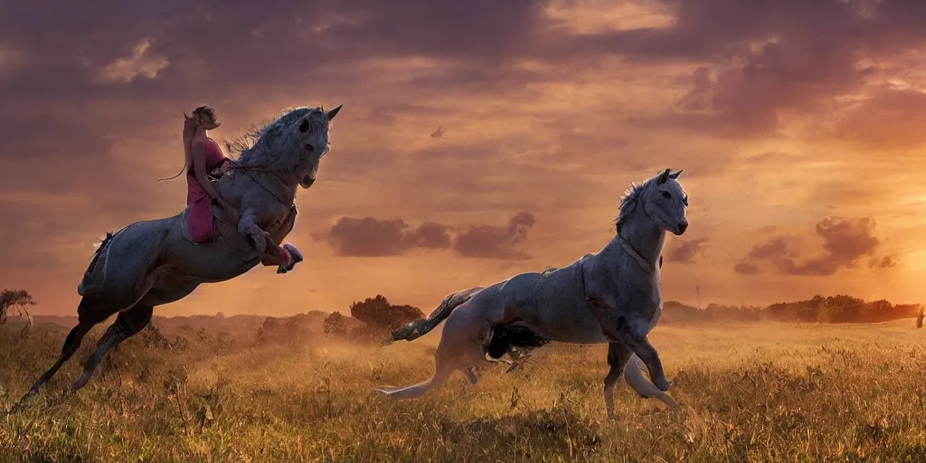 Prompt: cyborg cat rides a horse into the sunset, punished, war, hyperrealistic, sharp focus, award winning photo