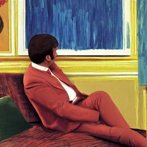 Prompt: emmanuel macron posing on a sofa, 1 9 7 0 living room, oil on canvas, by david hockney, bouguereau