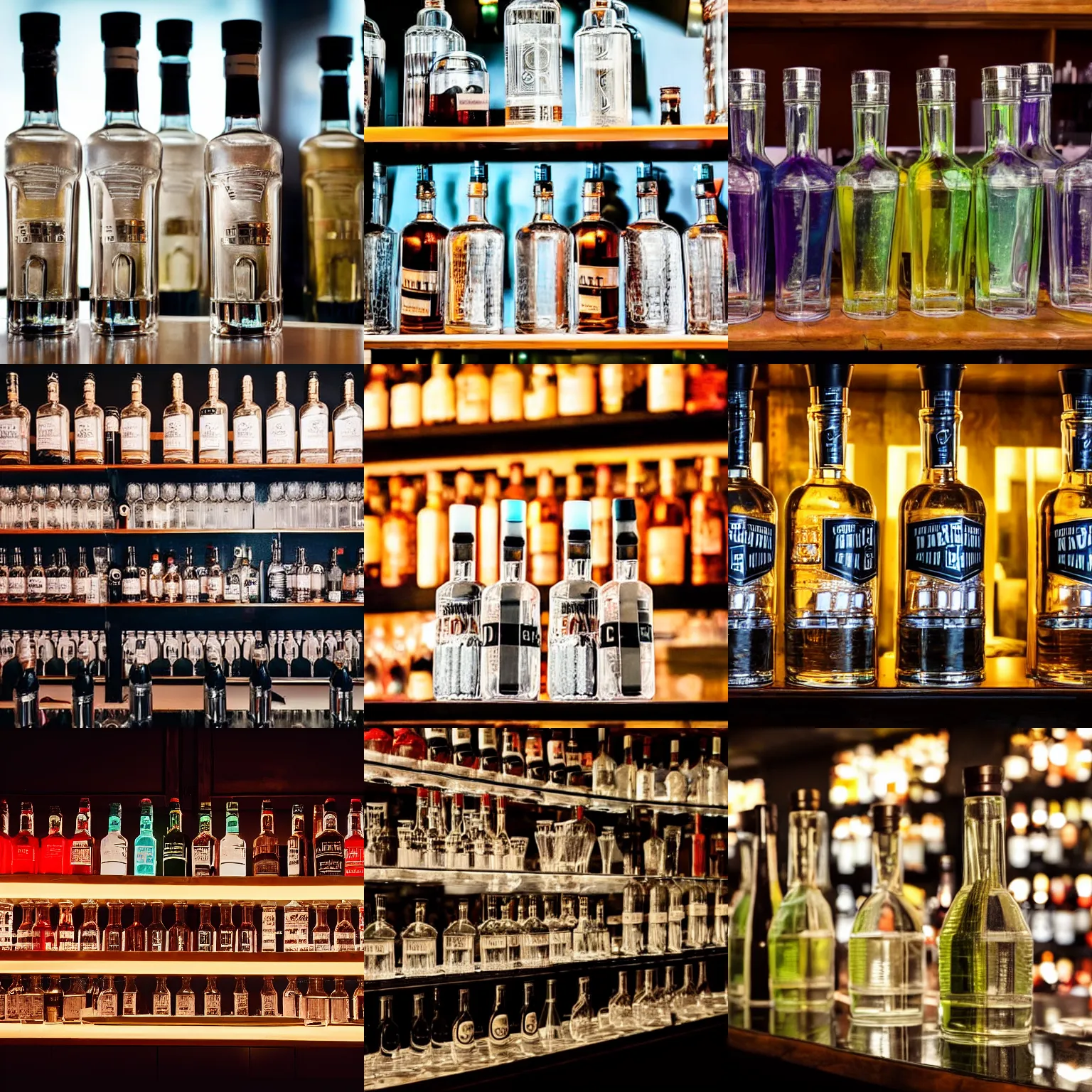 Prompt: bottles of vodka on a shelf in a trendy modern bar