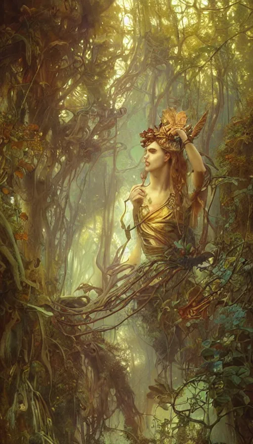 Image similar to spaceship concept art, lush forest, magic, gnarly details, gold, gems, dramatic lighting, denoised, painted by tom bagshaw, alphonse mucha