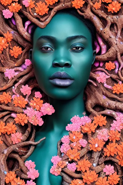 Image similar to hyperrealistic post - renaissance cinematic super expressive! yoruba goddess with exoskeleton armor, merging with tree in a forest, pink orange flowers, highly detailed digital art masterpiece, smooth cam de leon eric zener dramatic pearlescent soft teal light, ground angle hd 8 k, sharp focus