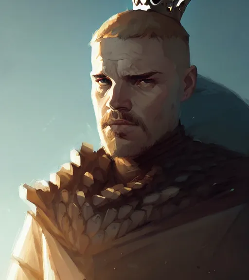 Image similar to portrait of a king ( game of thrones ) hard look, armor by atey ghailan, by greg rutkowski, by greg tocchini, by james gilleard, by joe fenton, by kaethe butcher, dynamic lighting, gradient light blue, brown, blonde cream and white color scheme, grunge aesthetic