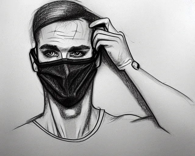 Image similar to draft drawing of a european man covering face with mask, draft sketch, thin stroke, trending on artstation, context art, pencil sketch, high detail