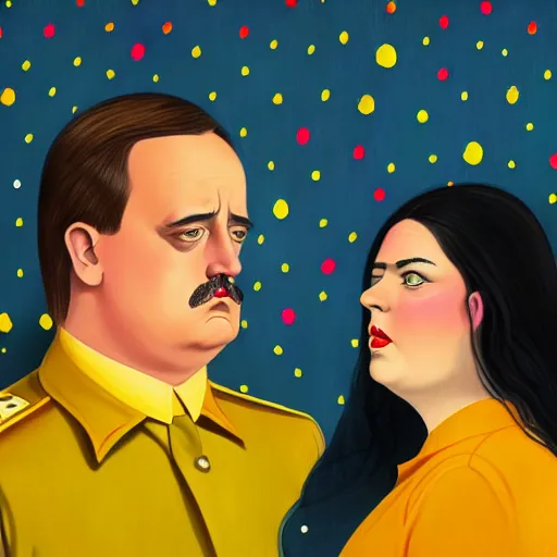 Image similar to colorful and festive cute female young plus size mike patton and hitler with tan skin, clear sharp todd solondz face, wearing yellow floral blouse. full body, rich vivid pastel colors, ambient lighting, dynamic lighting, 4 k, atmospheric lighting, painted, intricate, highly detailed by charlie bowater
