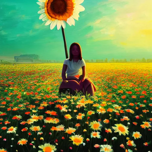 Image similar to giant daisy flower head, girl sitting in a flower field, surreal photography, sunrise, dramatic light, impressionist painting, colorful clouds, digital painting, artstation, simon stalenhag