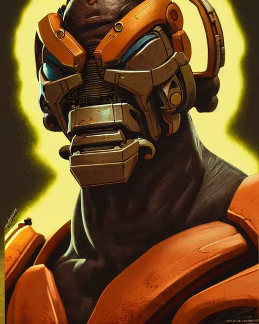 Image similar to doomfist from overwatch, character portrait, portrait, close up, concept art, intricate details, highly detailed, vintage sci - fi poster, retro future, vintage sci - fi art, in the style of chris foss, rodger dean, moebius, michael whelan, and gustave dore