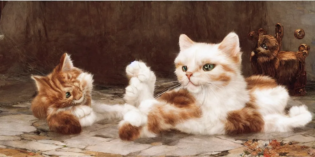 Prompt: 3 d precious moments plush cat with realistic fur, precious moments hawthorned village porcelain in the background, master painter and art style of john william waterhouse and caspar david friedrich and philipp otto runge