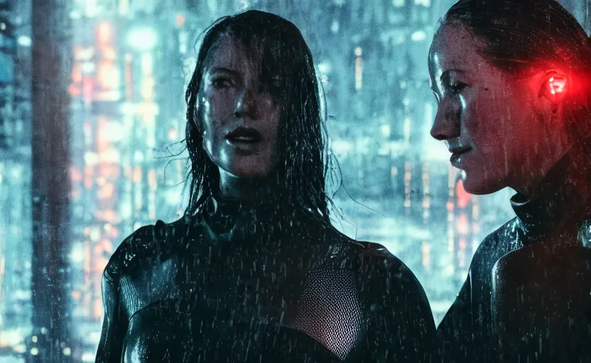 Image similar to cinestill 5 0 d candid photographic portrait by steven spielberg of two loving female androids sobbing wearing rugged black mesh techwear in treacherous waters, flooded city, medium closeup, retrofuturism cyberpunk moody emotional cinematic, pouring iridescent rain bright spotlight helicopter, 8 k, hd, high resolution, 3 5 mm, f / 3 2, ultra realistic faces, ex machina