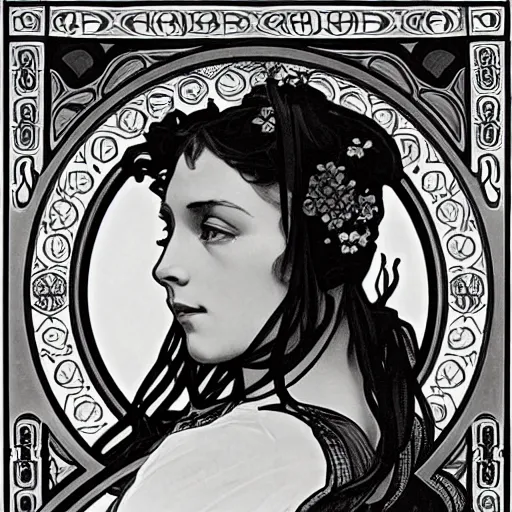 Image similar to black and white illustration by alphonse mucha 8k