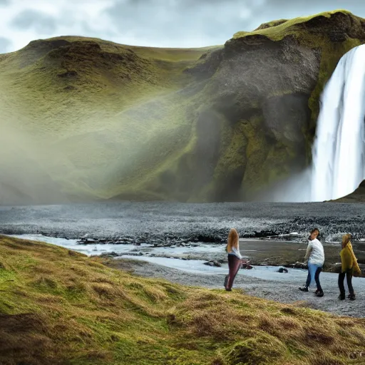 Image similar to a couple by icelandic waterfall Skógafoss, artstation, concept art, unreal engine, 8k, photorealistic