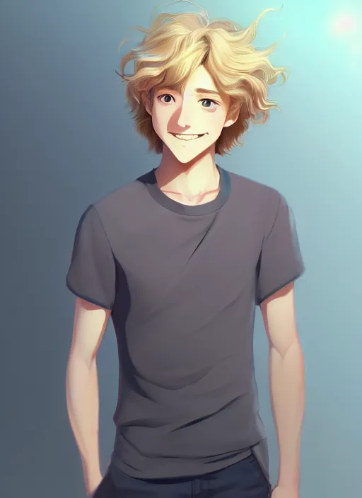 Image similar to young man with medium - length, curly, golden hair, perfectly proportioned face, aquamarine eyes, sweet smile, natural lighting, path traced, highly detailed, high quality, cartoon, digital painting, by new haicheng and studio ghibli