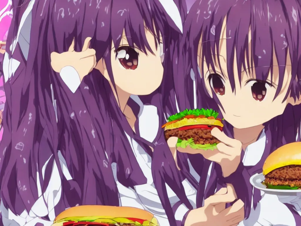 Prompt: yuuki konno from sword art online eating a big burger and being happy, purple hair, High Definition detail, 8K, anime