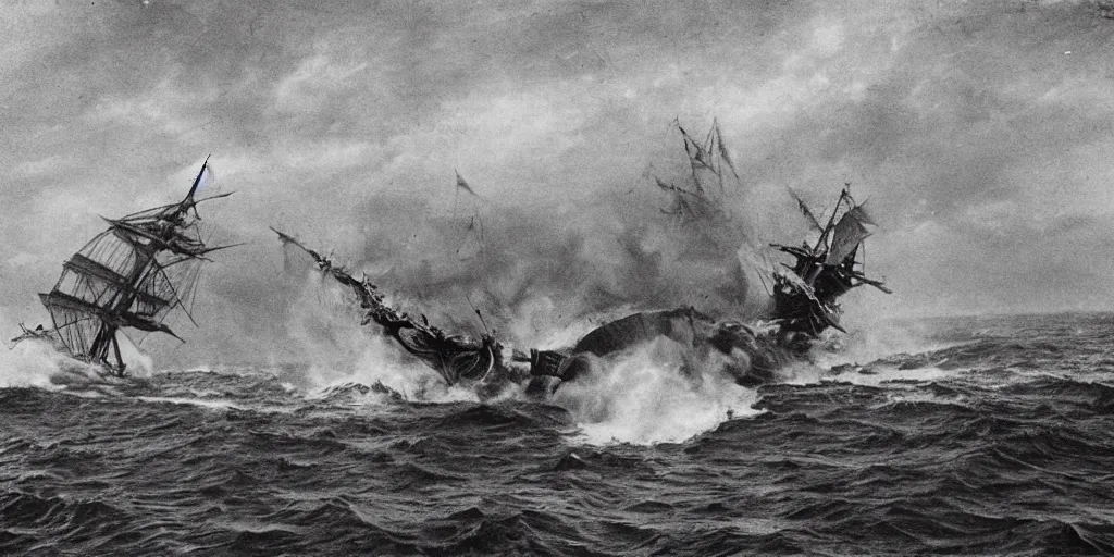 Image similar to a boat being attacked by a sea serpent the sailors are fighting it, 1 9 0 0 s photograph