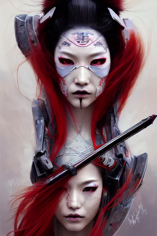 Prompt: > professional dynamtic portrait of a single agile geisha cyberpunk style in a dynamic pose , armor elements , long red hair, beautiful bone structure, symmetrical facial features, intricate, elegant, digital painting, concept art, smooth, sharp focus, illustration, by Ruan Jia and Mandy Jurgens , and mucha, and Artgerm and William-Adolphe Bouguerea