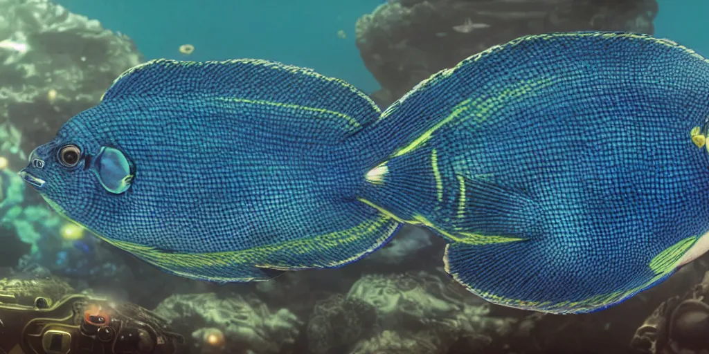 Image similar to low - angle medium shot of an steampunk tetrapod blue tang fish from the future on its first day of driver's ed learning to parallel park. 8 k, 4 k, hq, 3 d render, digital art, dramatic lighting, comedy, science fiction, hyper realistic, ultra detailed. style of arrival, fifth element.