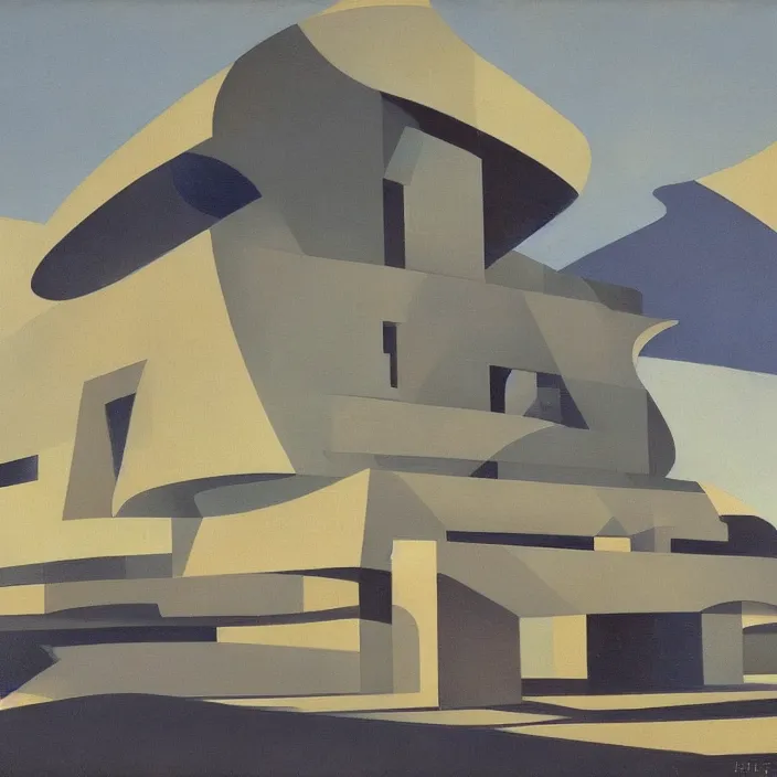 Prompt: a building in a serene landscape, futurism