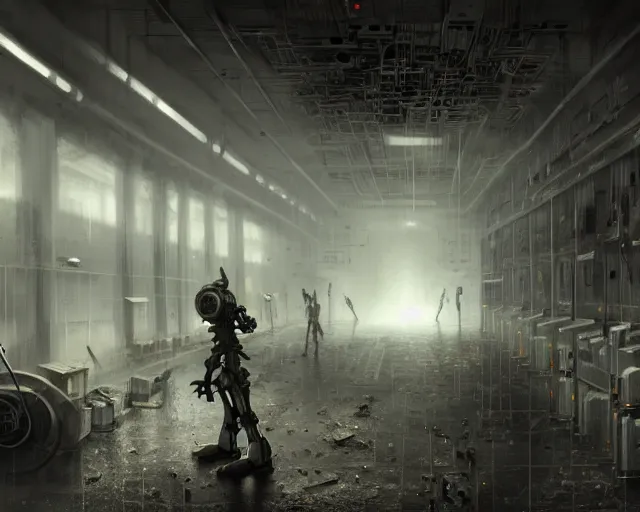 Image similar to robo in gloomy ruined server room in datacenter robot painting concept art of automata rusty steel robot knight colossus welder pacing mono eyed, sharp focus, emitting diodes, smoke, artillery, sparks, racks, motherboard, by pascal blanche rutkowski repin artstation hyperrealism detailed matte painting, 4 k resolution blade runner